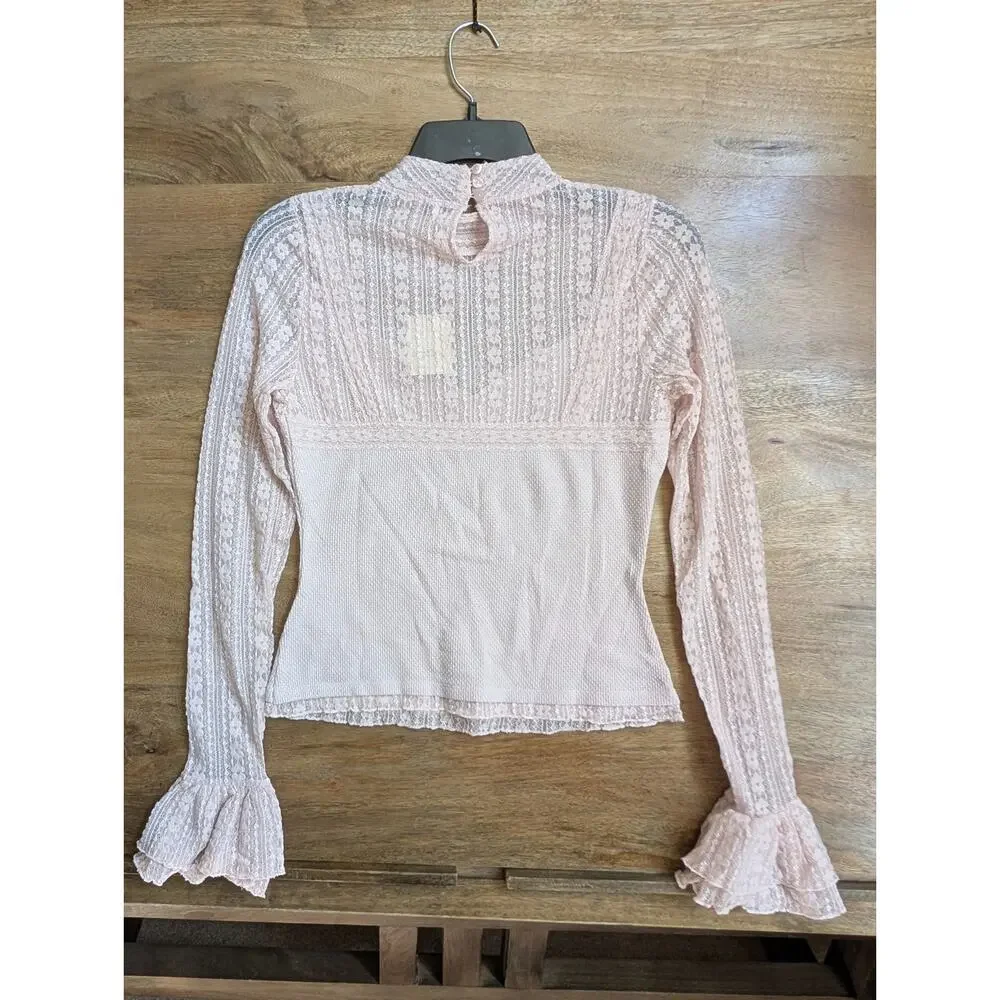Free People Blouse Top Womens Small Pink Lace Cotton Long Sleeve Pullover NWT
